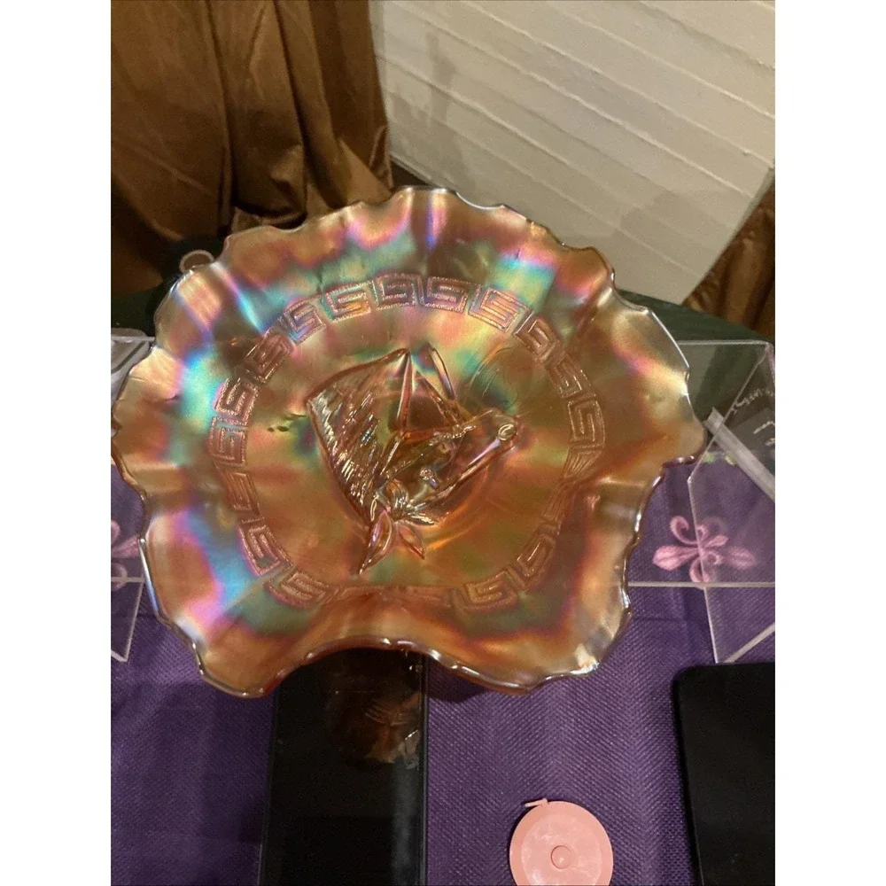 Dugan Carnival Glass Pony Horse‎ Head Ruffled Bowl Marigold Greek Key Iridescent